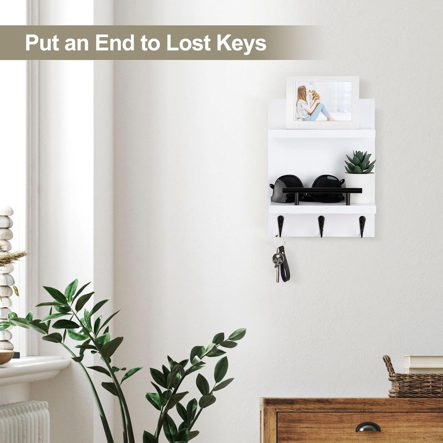 Key Holder Wall Mount, Mail Shelf Decor with 3 Key Hooks, Versatile Wood Wall Organizer for Entryway Hallway (8.2” x 10.6”x 3.6”) (White) | Farmhouse Key Hanger Holds Dog Leash, Sunglasses – Decorative Mail Organizer Home Decor