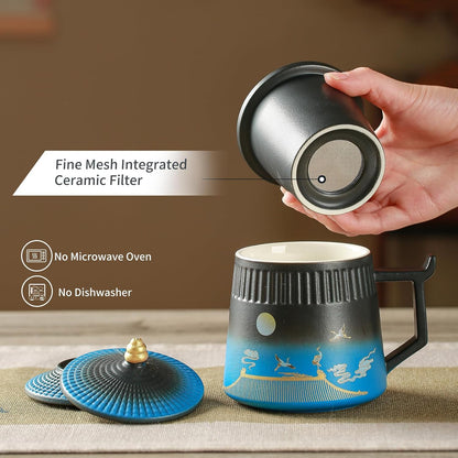 Loose Leaf Tea Cup with Infuser and Lid, 14.8oz Chinese Ceramic Mug with Fine Mesh Strainer, Office Steeping Cup for Tea Lovers Gifts