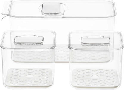 Fridge Produce Saver Food Storage Bin Containers, Stackable Refrigerator Freezer Organizer Fresh Keeper Container with Vented Lids, 3 Pack