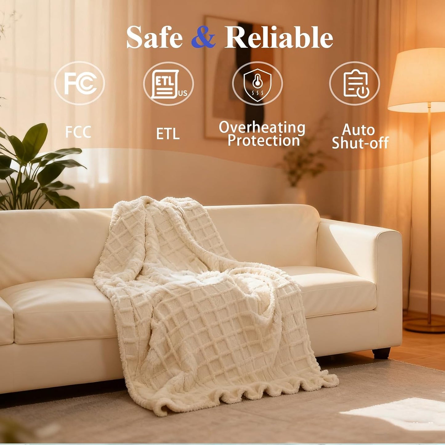 Heated Blanket Electric Throw, 50"X60" Heating Blanket Waffle with 12 Heat Levels, Fast Heating Blanket with 1-12H Timer, Overheat Protection with ETL & FCC for Bed Home Office Sofa (Light Gray）