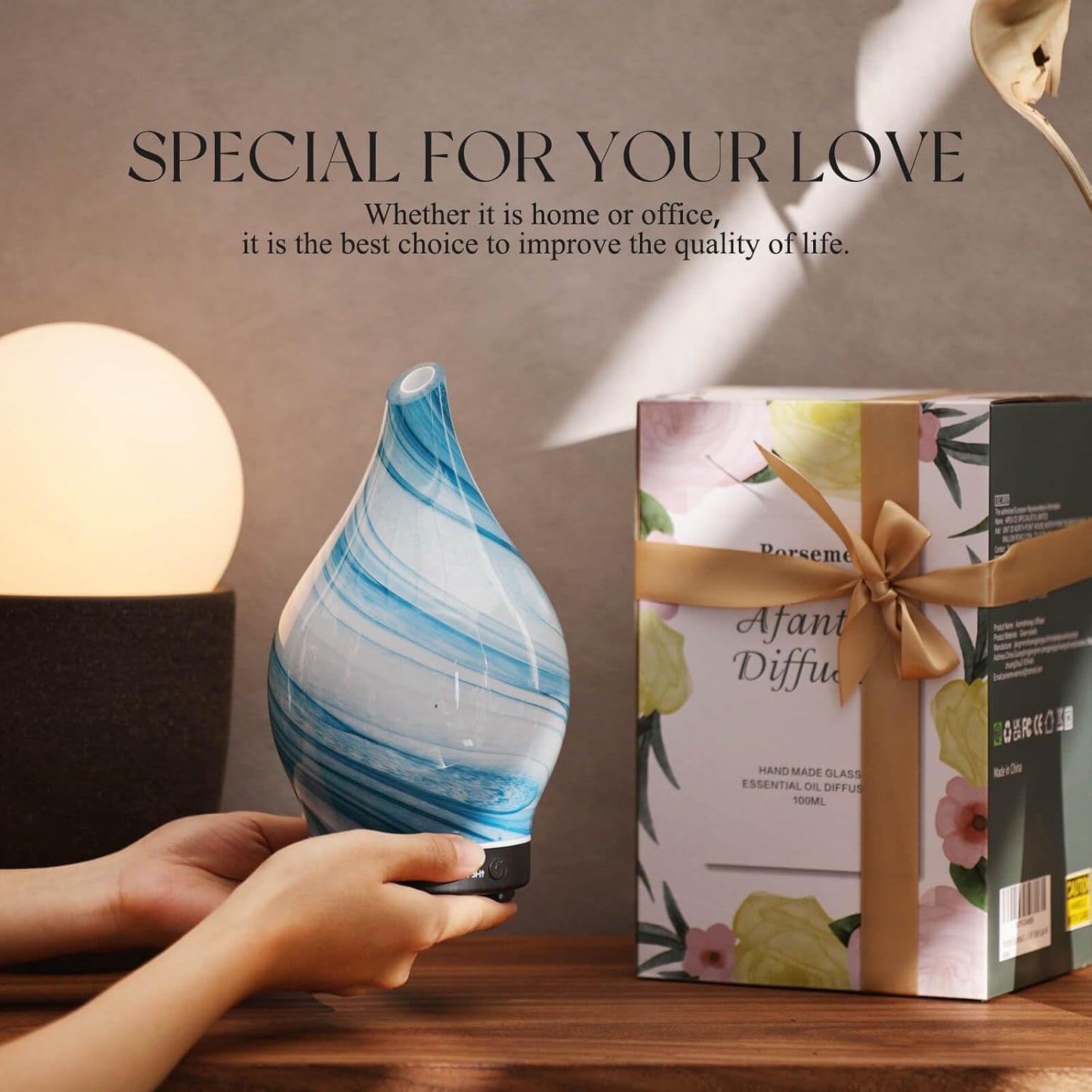 Porseme Oil Diffuser 3D Glass Aromatherapy Ultrasonic Humidifier, Air Refresh Auto Shut-Off, Timer Setting, BPA Free for Home Hotel Yoga Leisure SPA Gift 150ml Last 6H - Colors B