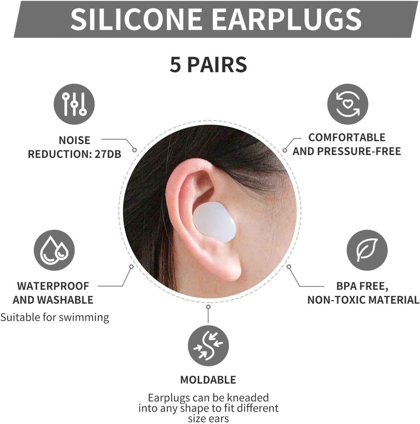 LYSIAN Moldable Silicone Ear Plugs for Sleep & Swim, 5 Pairs, Blue | Soft noise reducing earplugs for side sleepers; reusable & waterproof for snoring, swimming & travel