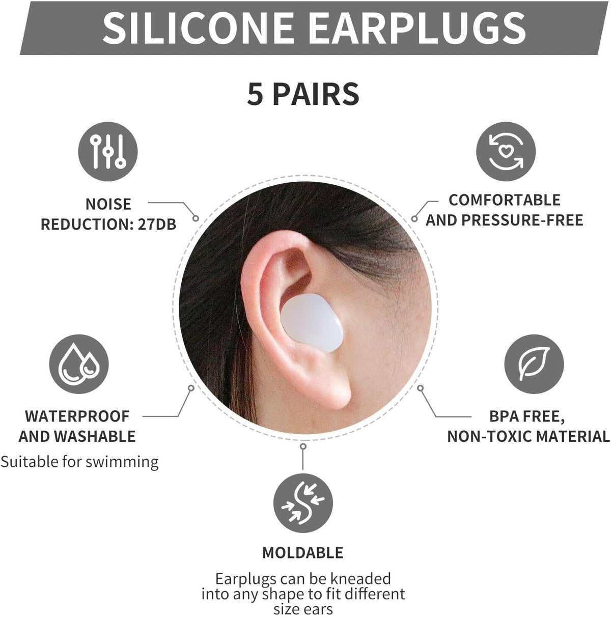 LYSIAN Moldable Silicone Ear Plugs for Sleep and Swim, 5 Pairs, Blue