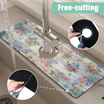 Kitchen Sink Splash Guard Faucet Mat 24" X 5.5" Tropical Leavesl Absorbent Fast Drying Mat Faucet Draining Mat Sink Splash Guard Behind Faucet Drip Catcher for Kitchen Bathroom