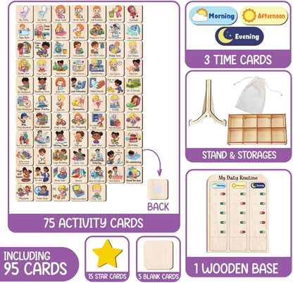 My Daily Routine Chart for Kids 11x14 Inch – Wooden Chore Chart with Morning Afternoon Evening Sections, Visual Schedule Board with Sliding Trackers & Star Reward System for Toddlers