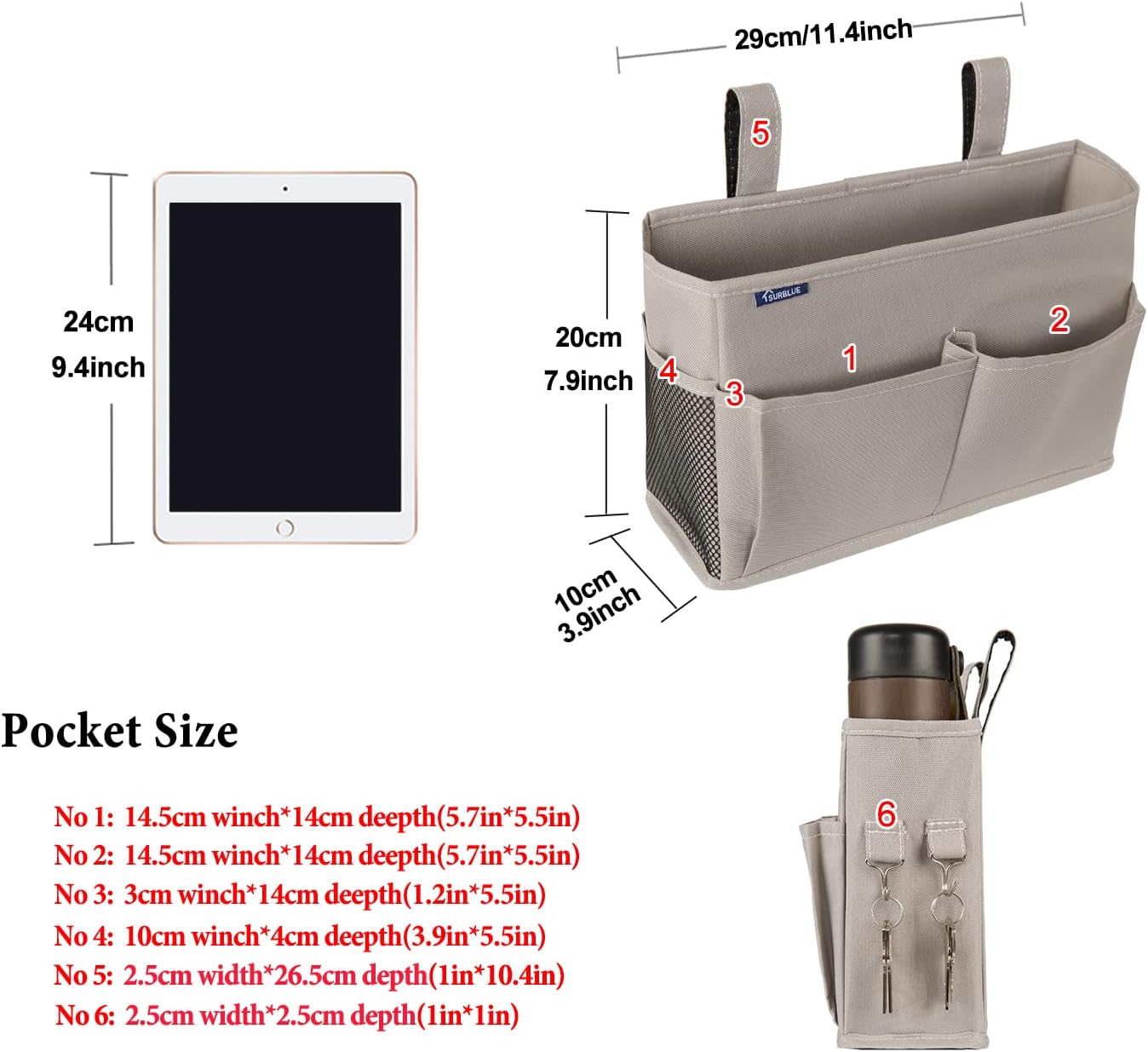Surblue Bedside Caddy Hanging Organizer Storage Bag Pocket for Bunk, Hospital, College Dorm Rooms, Baby Bed Rails, Camp - 4 Pockets, 2 Hooks (Blue)