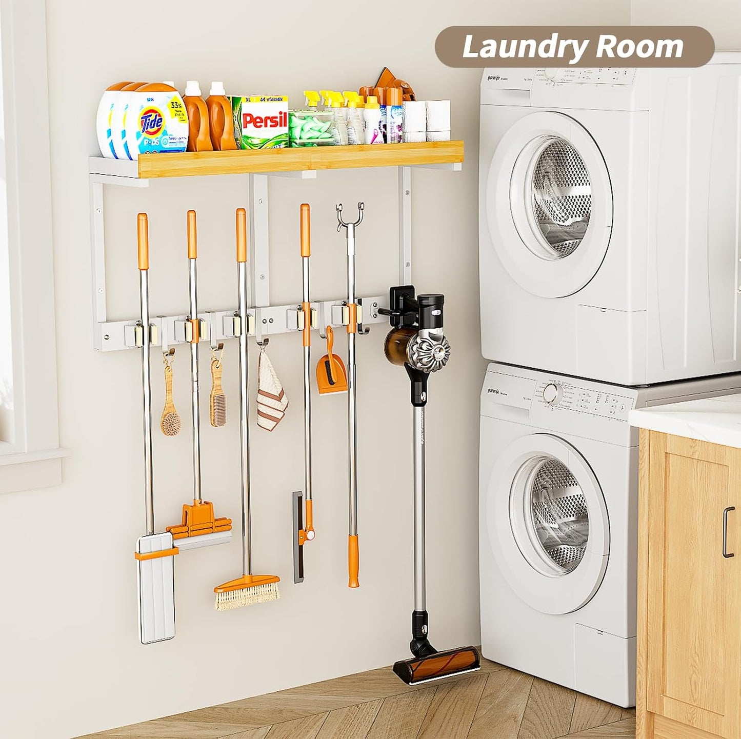 Broom and Mop Organizer Wall Hanging, Broom Hanger Holder Wall Mount | 3-in-1 Mop and Broom Holder Wall Mount with Storage Shelf & Vacuum Organizer,5 Racks,5 Hooks for Garage,Kitchen,Laundry Room