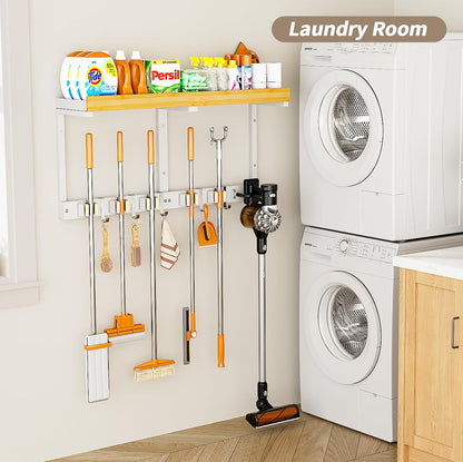 Broom and Mop Organizer Wall Hanging, Broom Hanger Holder Wall Mount | 3-in-1 Mop and Broom Holder Wall Mount with Storage Shelf & Vacuum Organizer,5 Racks,5 Hooks for Garage,Kitchen,Laundry Room