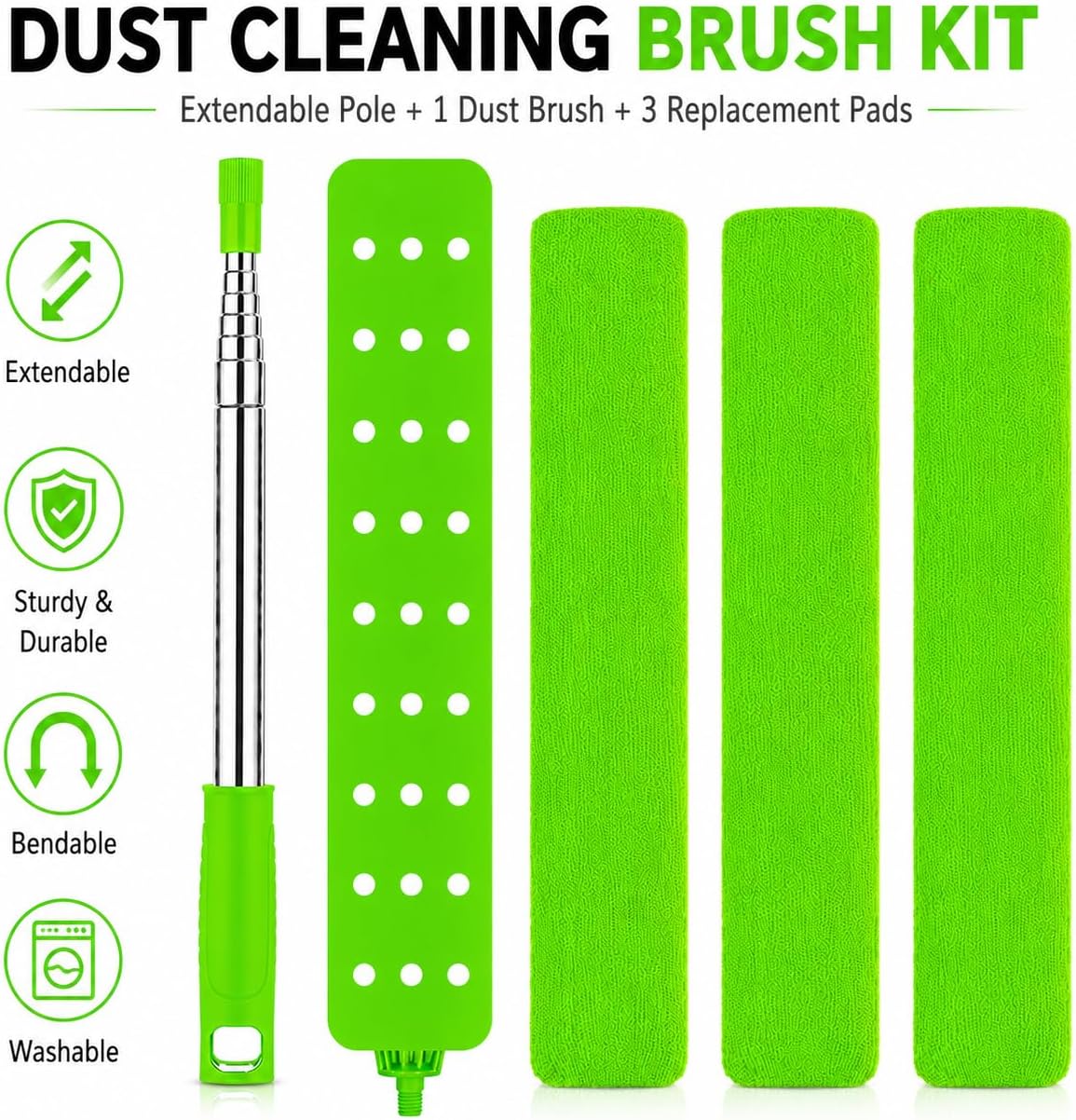 Retractable Gap Dust Cleaner with Extension Pole & 3 Microfiber Cloths | Cleaning Tools with 3 Microfiber Dusting Cloths | Long Handle Duster 30-100'' | Under Refrigerator Furniture Appliance Blue