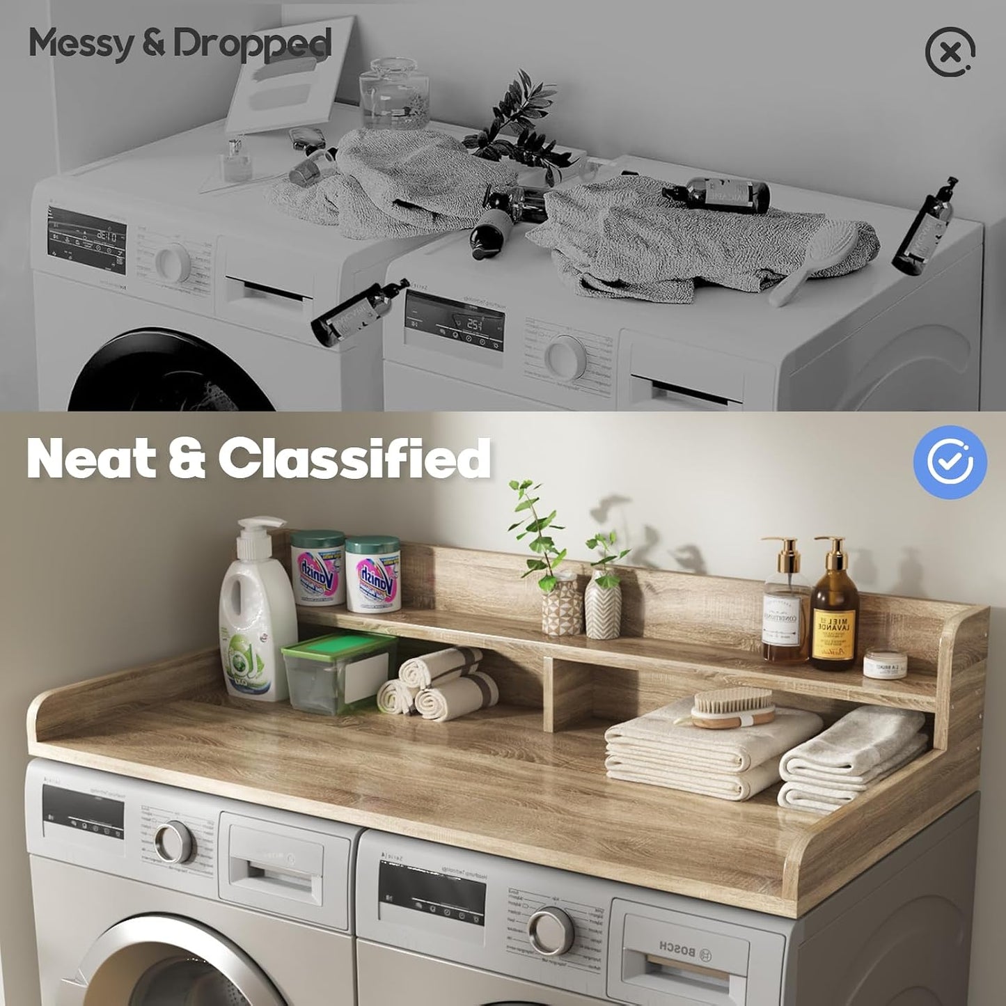 2-Tier Washer and Dryer Countertop with 2.75" H Guard,54" W x 27.5" D Laundry Countertop Cover with Non-Slip Pad,Large Space Laundry Topper for Folding Clothes Over Washer and Dryer-White