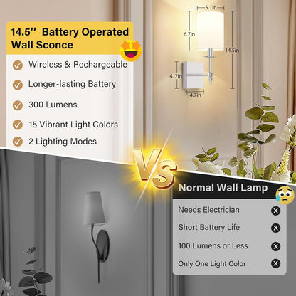 Battery Operated Wall Sconces Set of 2, Rechargeable Sconces with Remote