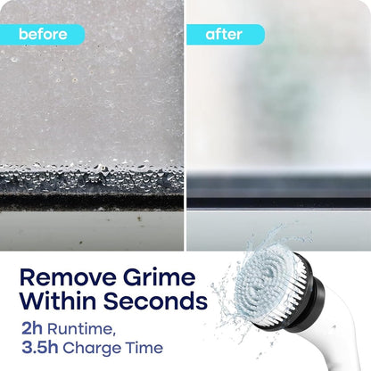 Electric Spin Scrubber for Cleaning with 7 Replaceable Heads | Adjustable Shower Brush with LED Display, 2 Speed Waterproof Cordless Shower Scrubber for Bathtub, Kitchen, Car, White