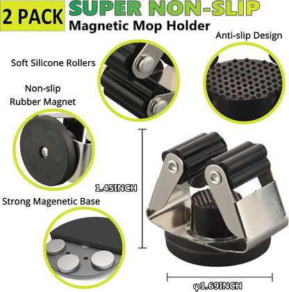 ULIBERMAGNET Magnetic Mop Broom Holder,Heavy Duty Movable Magnetic Broom Holder Rack,Anti-slip Wall Mounted Utility Storage Mop Shovel Gripper Hanger for Garage, Kitchen, Laundry, Garden(2 Pack/Black)
