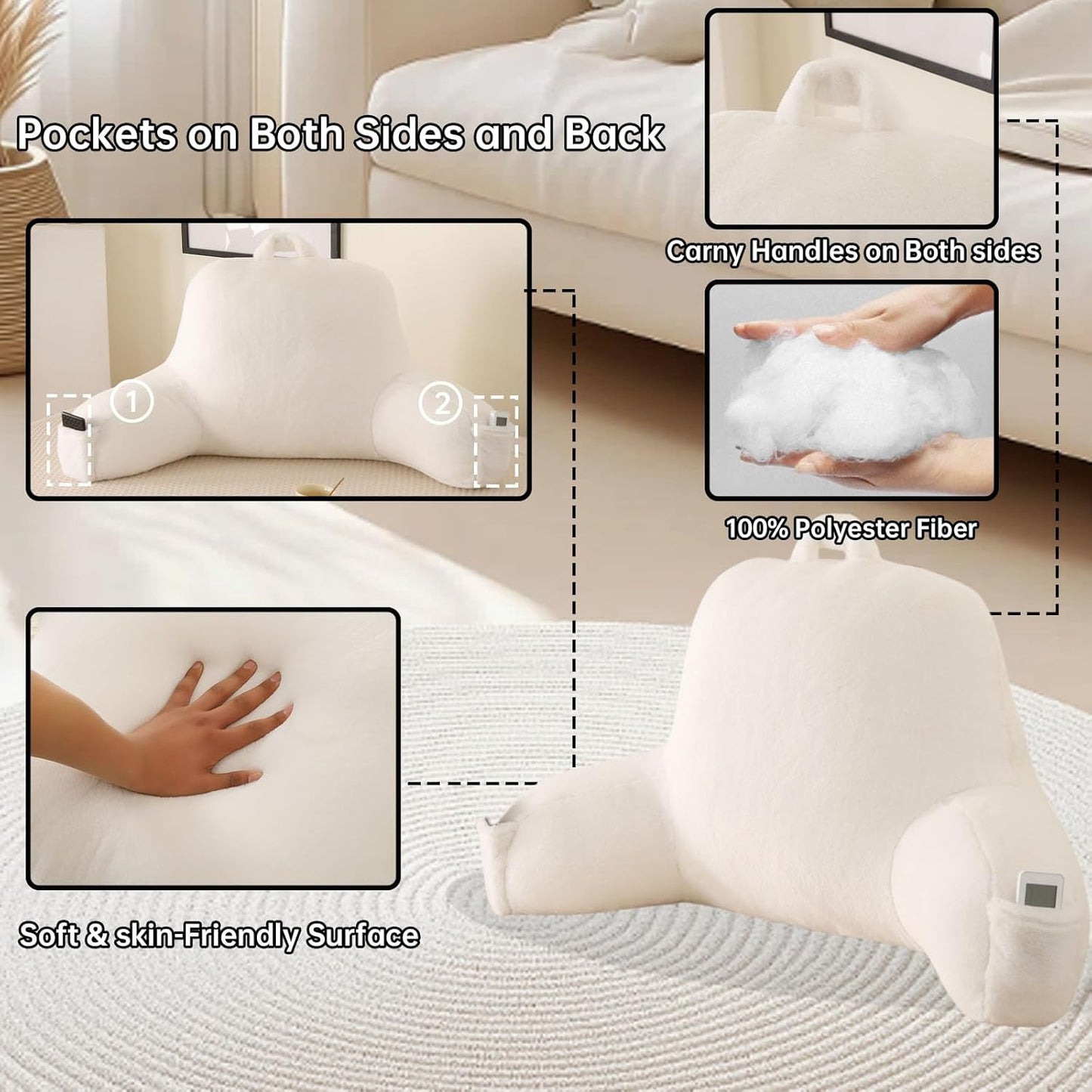 Reading Pillow with Arms for Sitting in Bed,Backrest,White Flannel,M | 17" Backrest Supports Back for College Students,Elbows & Forearms for Dorm Reading,Gaming,Watching TV