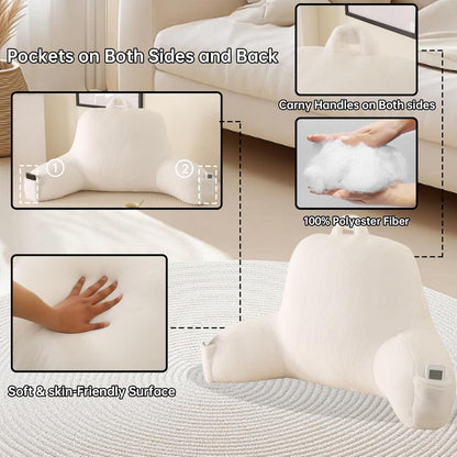 Reading Pillow with Arms for Sitting in Bed,Backrest,White Flannel,M | 17" Backrest Supports Back for College Students,Elbows & Forearms for Dorm Reading,Gaming,Watching TV