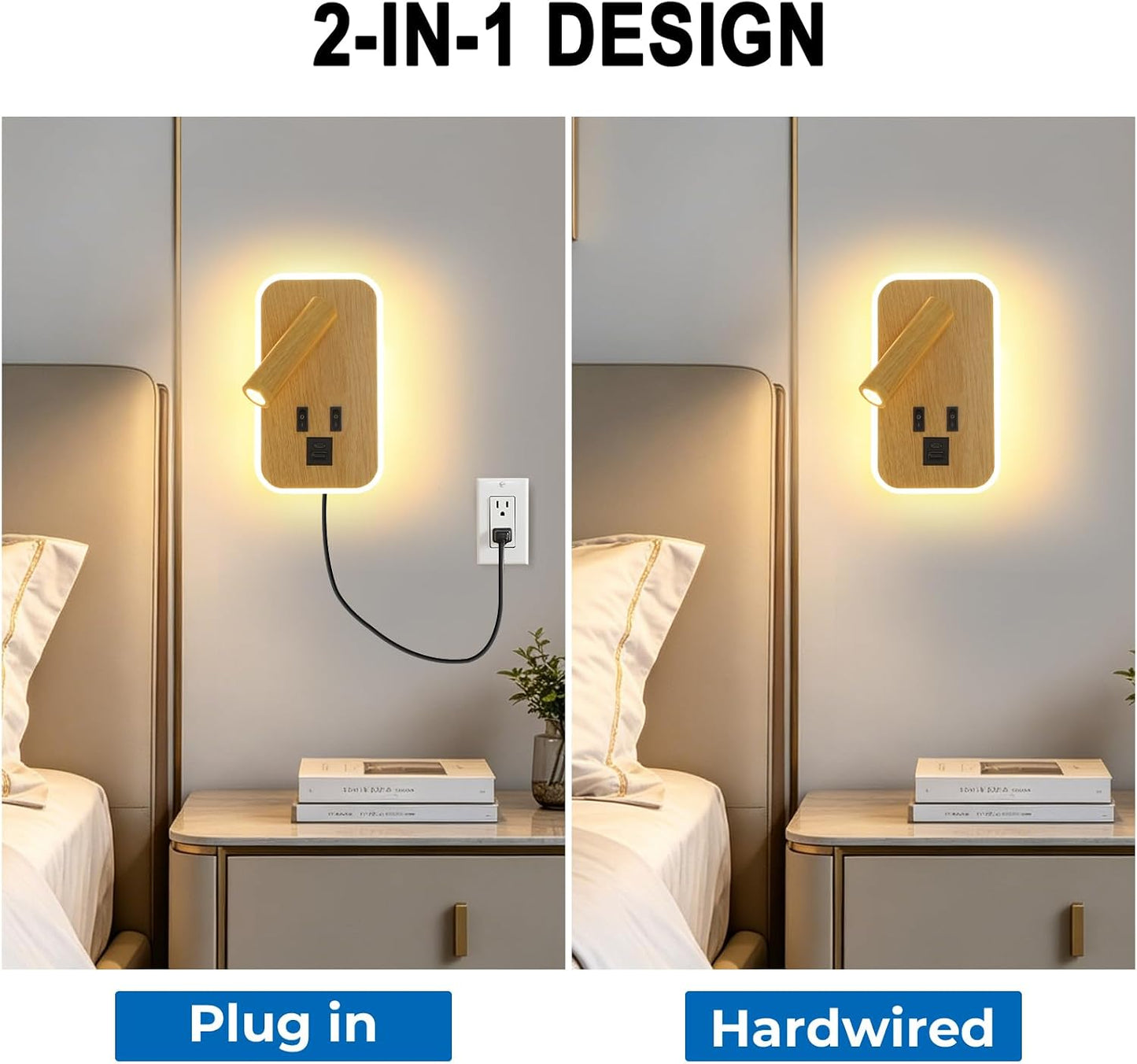 Plug in Wall Sconce with Wall Mounted Reading Lights with Switch | Wall Lamp for Bedroom with Charging Station USB C+A Ports,Bunk Bed Lights with 3W+9W Night Light,Walnut Color Reading Light