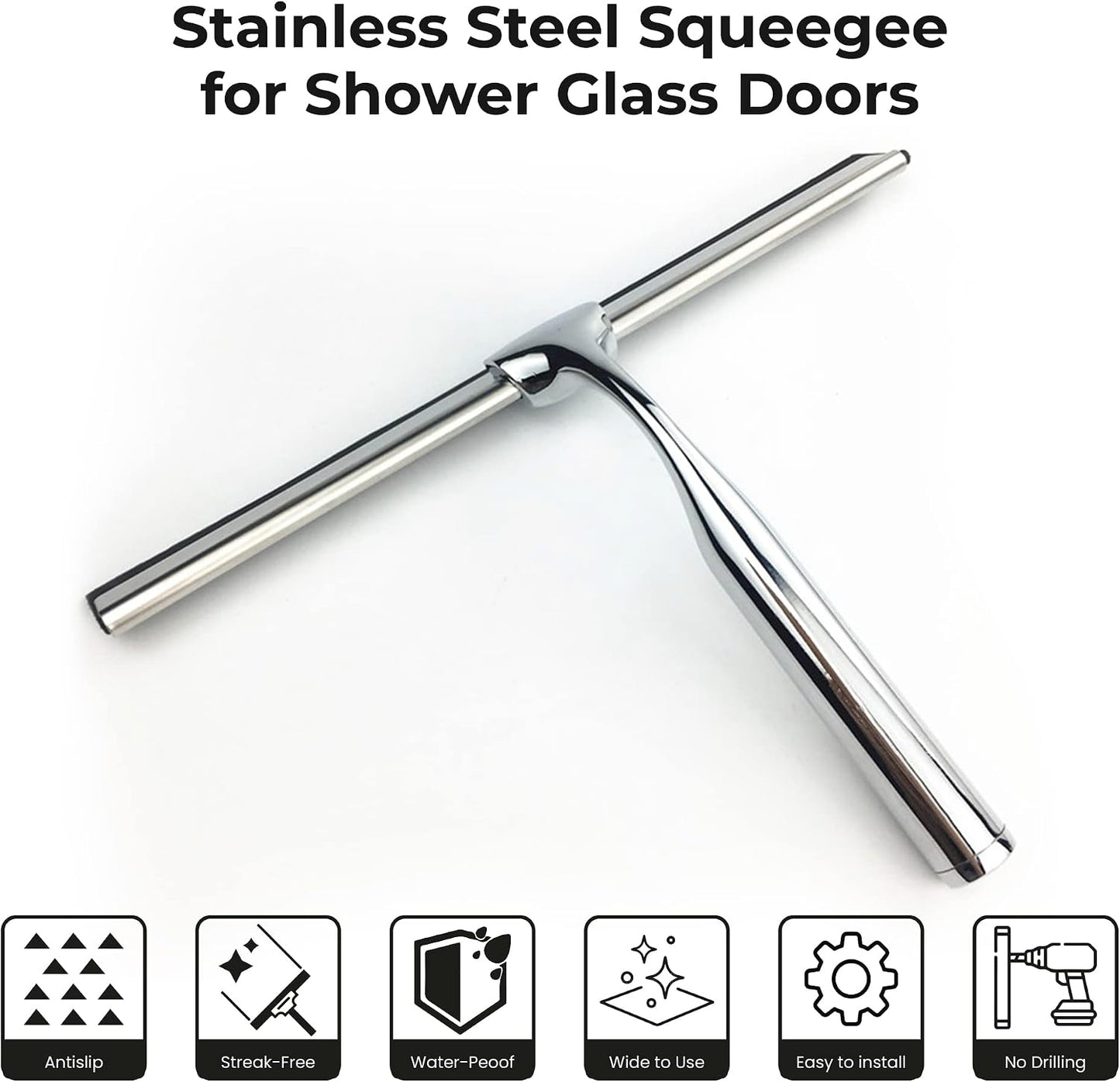 Matte Black Shower Squeegee for Glass Doors with Adhesive Hooks, Squeegee for Shower Glass, Cleaner Tool for Bathroom Household Window Mirror Tile Wall Car, 10 Inch Black