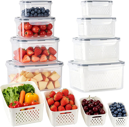 LoveBB 8 Pack Fruit Containers for Fridge, Plastic Food Storage Containers with Removable Colander Produce Saver Containers for Fruits, Vegetables, Berry, Meat Keeper Fresh