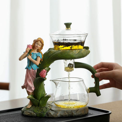 Glass Kungfu Teapot Set Tea maker with Infuser Semi Automatic Tea Set with 6 Small Cups (Red)