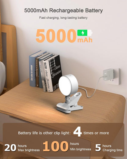 Clip on Light with 5000mAh Rechargeable Battery Operated, Eye Care Reading Light for Bed with 360° Rotation Touch & Remote, USB Clamp Light with 3 Color Modes & Dimmable for Headboard Bedside (black)