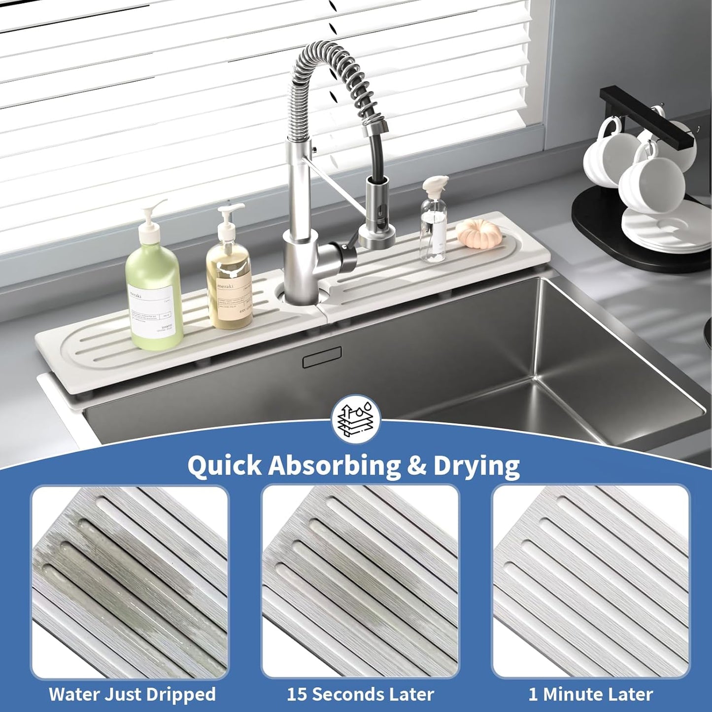 Faucet Mat for Kitchen Sink with Raised Feet, Stone Sink Mat Quick Dry around Faucet, Water Absorbent Stone Tray, Sink Splash Guard & Protectors, Stone Drying Mat for kitchen Counter