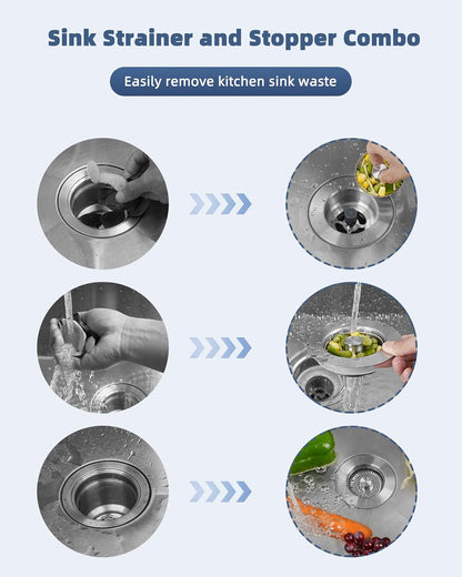 Universal 3 in 1 Kitchen Sink Drain Strainer Stopper Combo, Matte Black | Stainless Steel Shell Pop Up Sink Stopper for US Standard 3-1/2 inch Drain Filter, Anti-Clog and Easy Clean