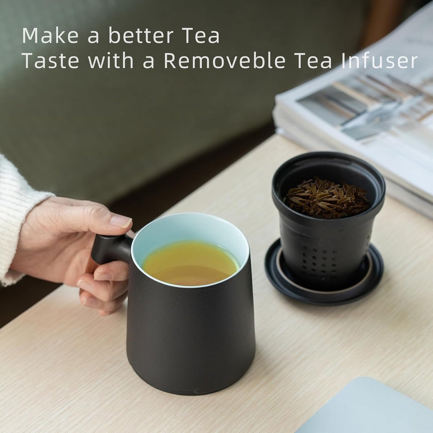 ZENS Tea Mug with Infuser and Lid for Loose Leaf Tea Steeper, 16.9oz Moss | Embossed Ceramic Tea Cup with Infuser for Herbal Tea Difussers, Tea Lovers Gifts, Nature Wood Handle