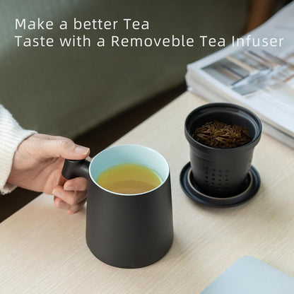ZENS Tea Mug with Infuser and Lid for Loose Leaf Tea Steeper, 16.9oz Moss | Embossed Ceramic Tea Cup with Infuser for Herbal Tea Difussers, Tea Lovers Gifts, Nature Wood Handle