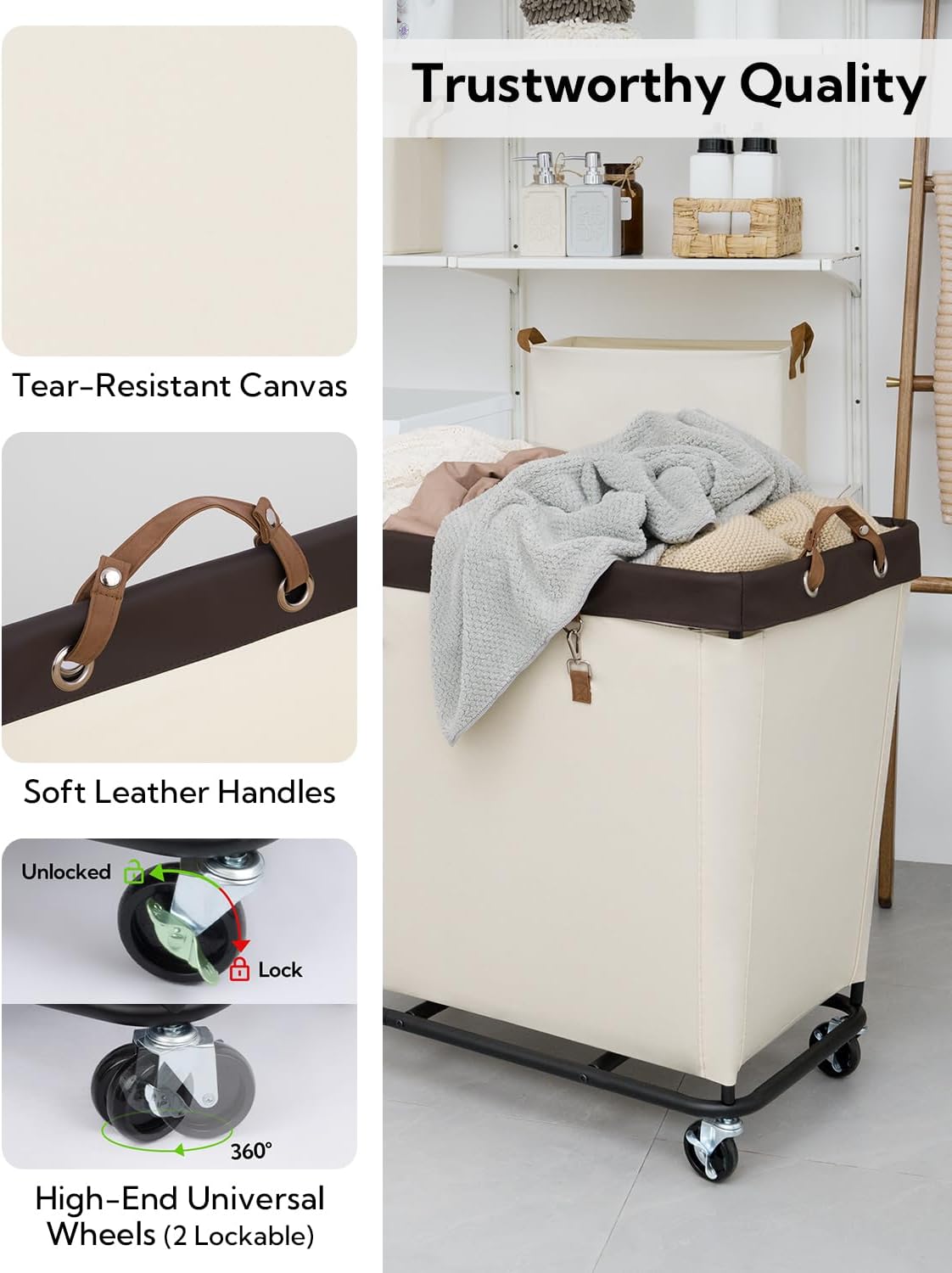 StorageWorks 160L Laundry Basket with Wheels, Rolling Hampers for Clothing | Beige Laundry Basket with Wheels, Metal Frame & Handles, Rolling Hamper for Bedroom, Bathroom, Dorm, Hotel