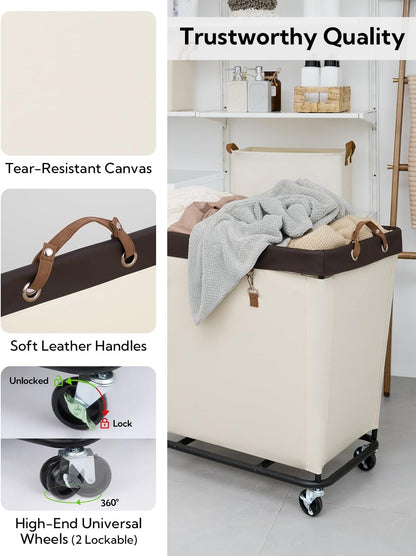 StorageWorks 160L Laundry Basket with Wheels, Rolling Hampers for Clothing | Beige Laundry Basket with Wheels, Metal Frame & Handles, Rolling Hamper for Bedroom, Bathroom, Dorm, Hotel