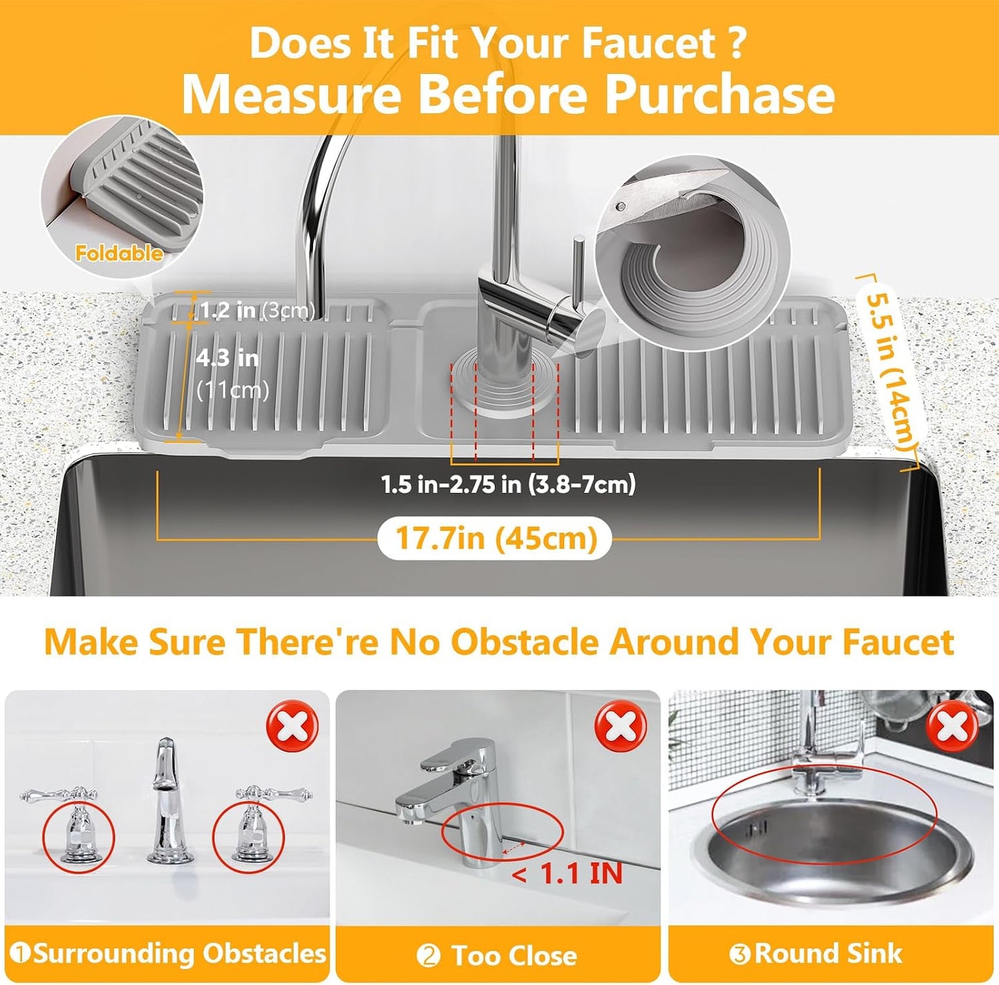 24'' Longer Faucet Mat for Kitchen Sink Splash Guard[7° Slope Fast Self-draining][Snap Lock Fit]Kitchen Sink Faucet Mat Splash Guard Kitchen Sink Area Water Splash Guard Behind Faucet Draining Mat