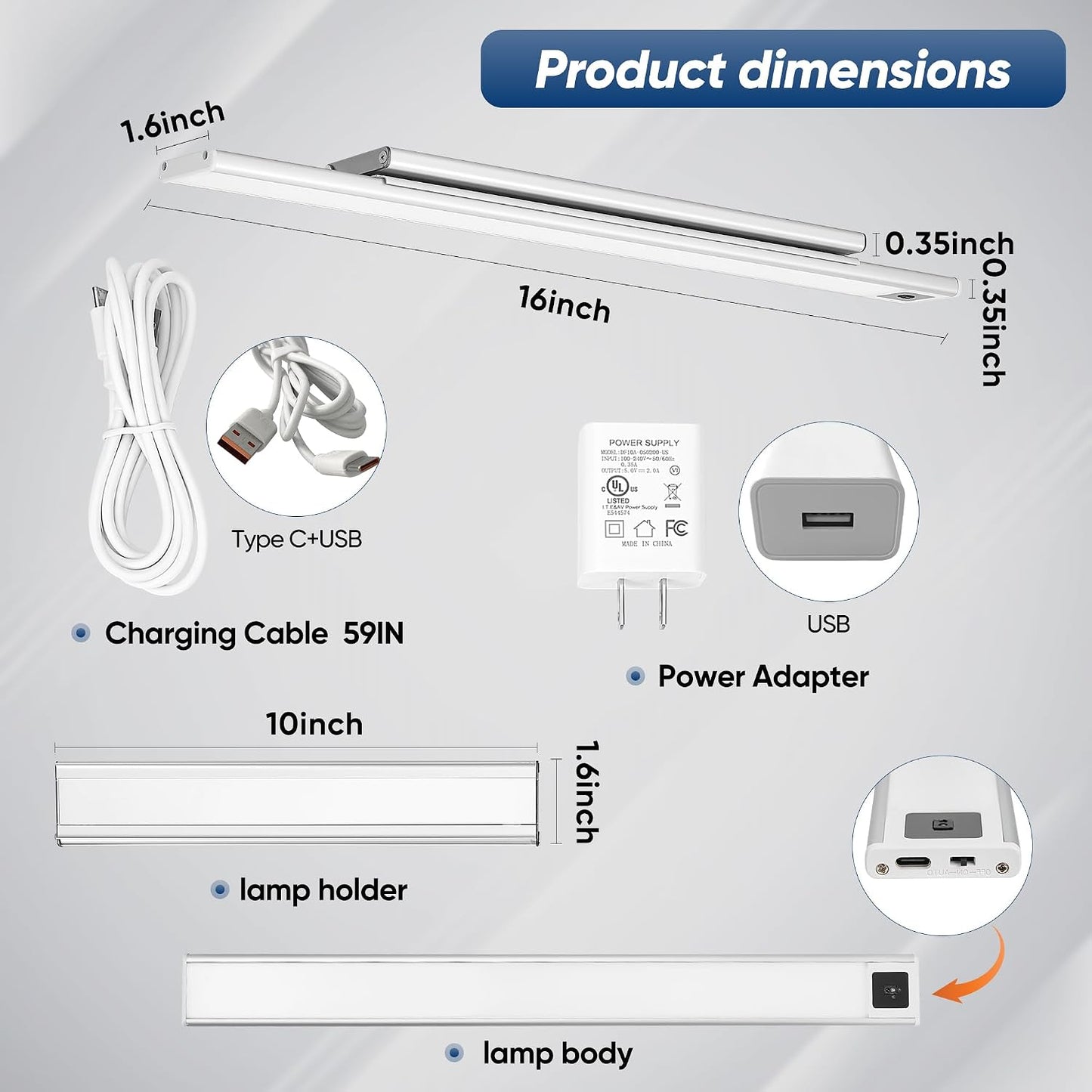 HEYAN 16inch Under Cabinet Lighting, Wall-Mounted Study Lights | 3 Color Temps&Dimmable Hand Sweep Sensor, 90° Rotatable ,Non-Rechargeable, Magnetic Under Closet Lights for Reading,Work