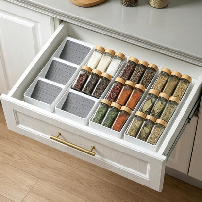 Small spice drawer organizer insert,1 pack,3 layer silicone non-slip mats, L15''xW5.6''xH2'',Kitchen drawers or countertops (jars not included),Expandable spice drawer organizer insert narrow