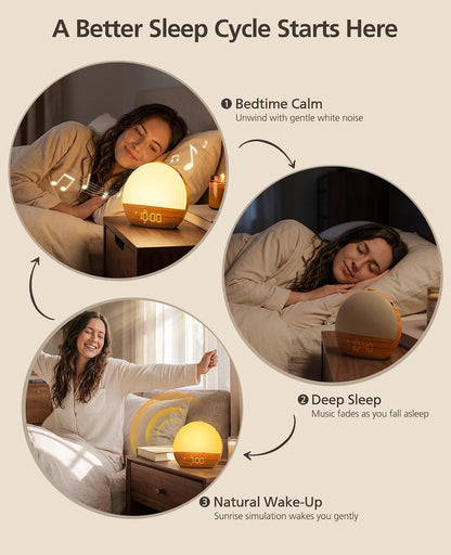 Wood Grain White Noise Sound Machine Sunrise Alarm Clock with 30 Soothing Sounds, 17 Night Lights, Bluetooth Speaker Wake Up Light Alarm Clocks for bedrooms, Heavy Sleepers, Baby, Kids