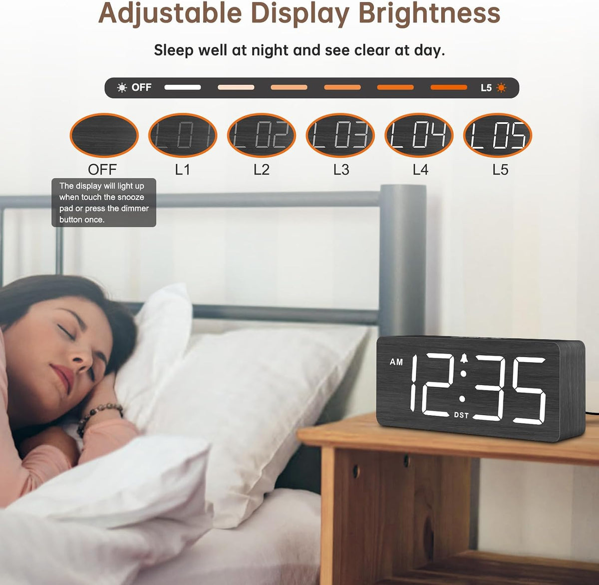 DreamSky Wooden Digital Alarm Clock for Bedroom with Large Numbers