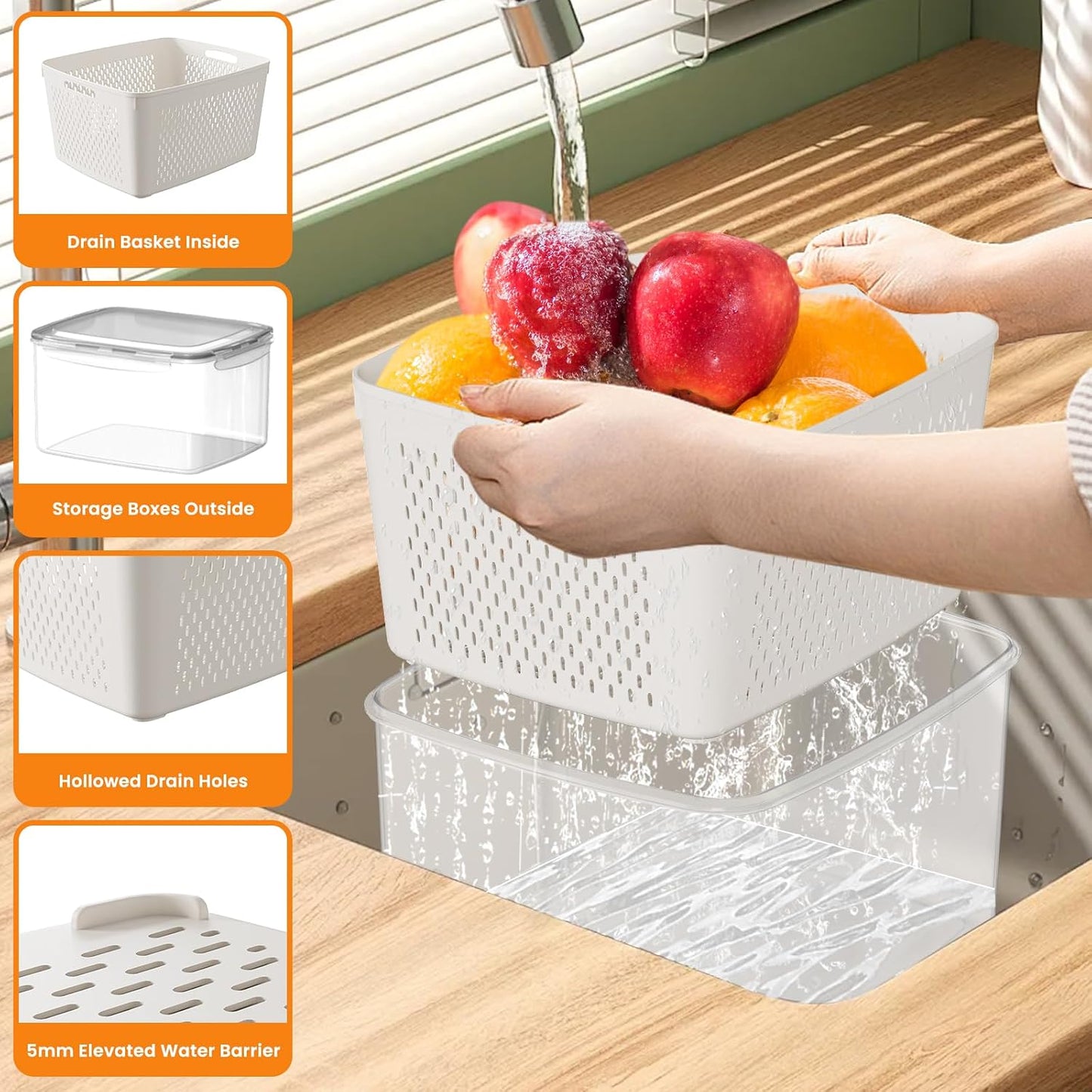 Fruit Storage Containers for Fridge - 5 PCS Poduce Containers for Fridge - with Removable Drain Basket - Keep Fruit Lettuce Berry Vegetables Meat Food Stay Fresher Longer