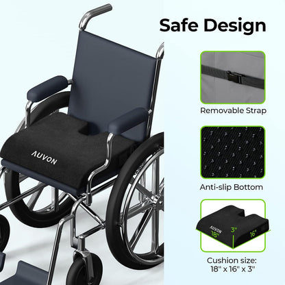 AUVON Wheelchair Seat Cushion, Thigh Slope Design for Long Sitting Comfort | Ergonomic Memory Foam Chair Cushion, U-Cutout for Sciatica & Back Relief, Waterproof Cover, Anti-Sore & Ulcer, Buckle Strap