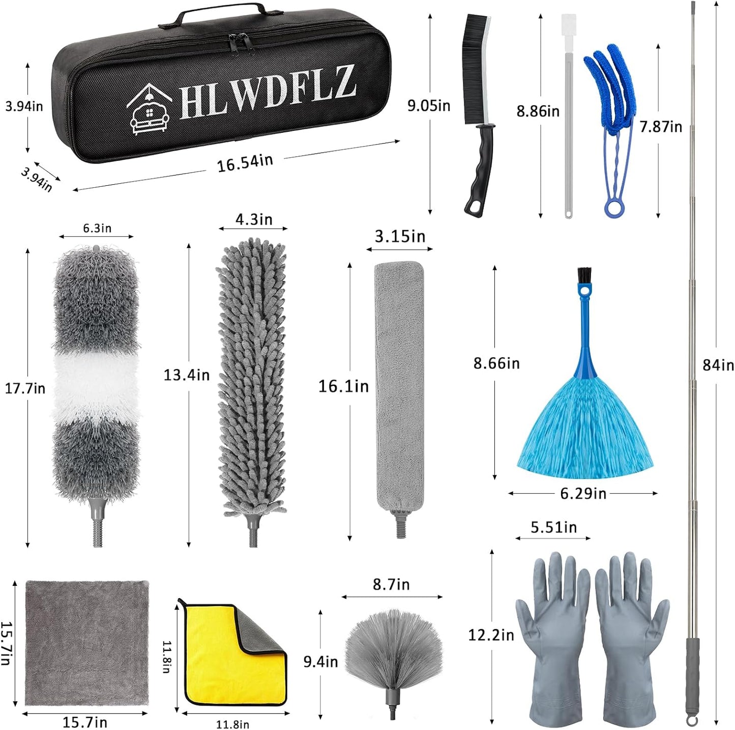 Microfiber Duster Kit 27pcs with 30 to 100 Inches Extension Pole and Wall Cleaner Mop, Washable and Bendable Feather Duster for Cleaning Ceiling Fans, High Ceilings, Cobwebs, Blinds, Grey
