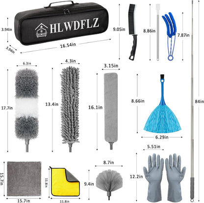 Microfiber Duster Kit 27pcs with 30 to 100 Inches Extension Pole and Wall Cleaner Mop, Washable and Bendable Feather Duster for Cleaning Ceiling Fans, High Ceilings, Cobwebs, Blinds, Grey