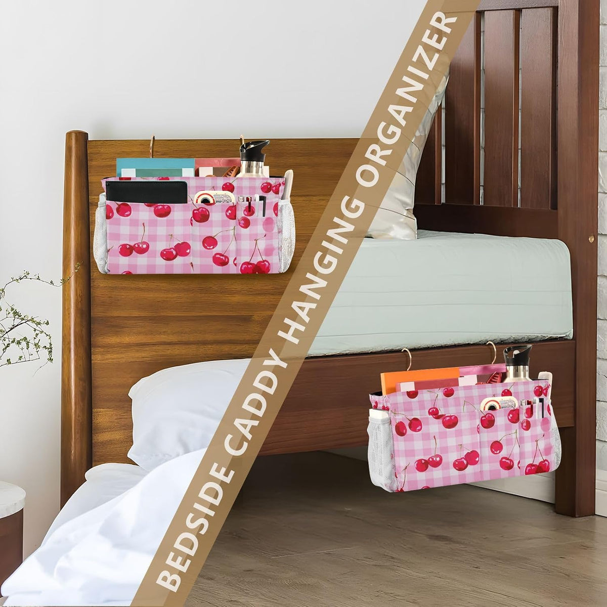 Bedside Caddy Hanging Bunk Bed Caddy Bed Organizer Hanging Pocket with 2 Hooks Bedside Storage Organizer Pocket Bag Holder Checkered Light Green - Colors B