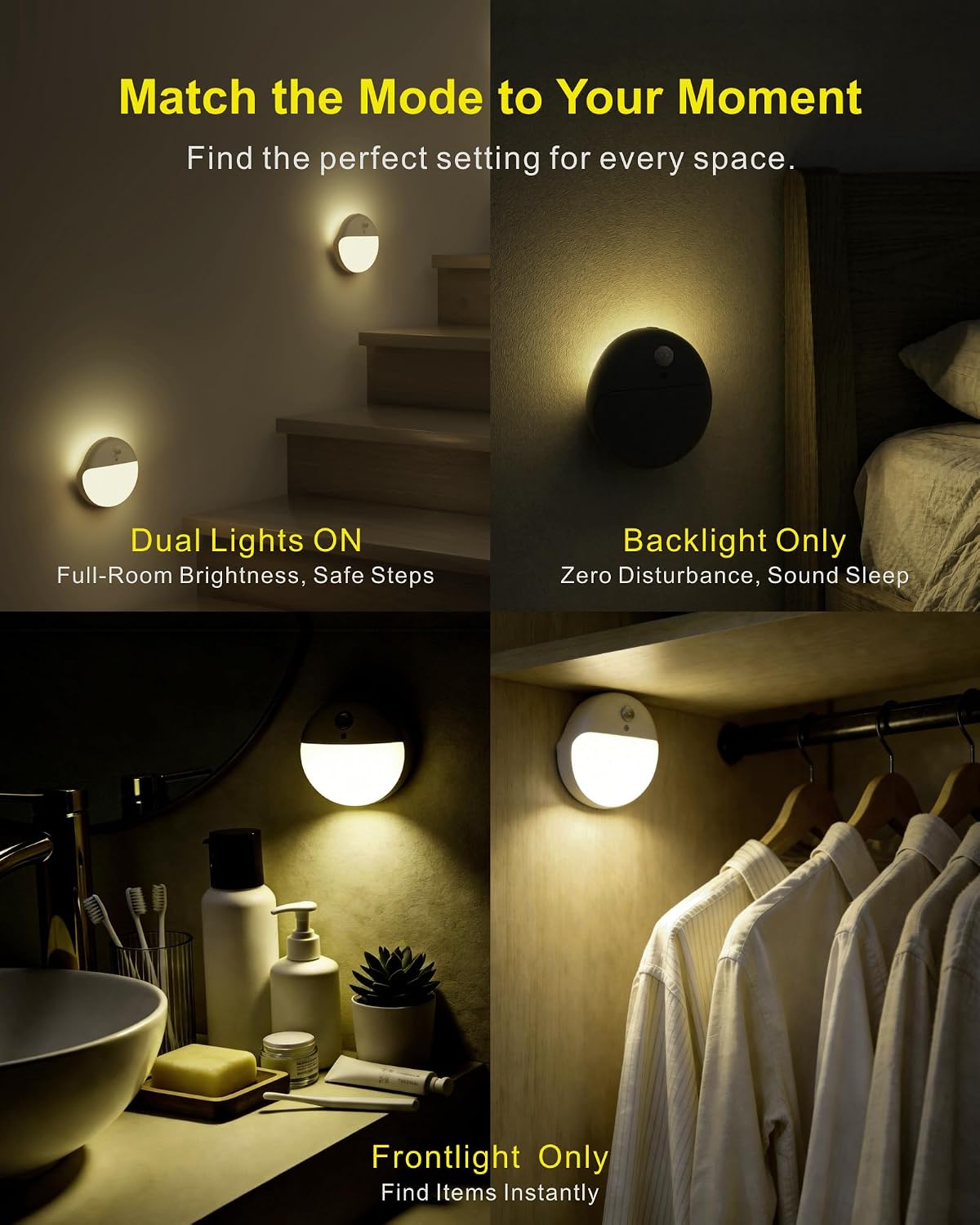 Small Motion Sensor Amber Night Light Battery Operated, Toilet Light | 2 Pack, 3 Modes, Dimmable 1-15lm, Dim Light Soft Glow, No Plug, Wireless Stick on Light for Bedroom, Sleep, Bathroom, Kids