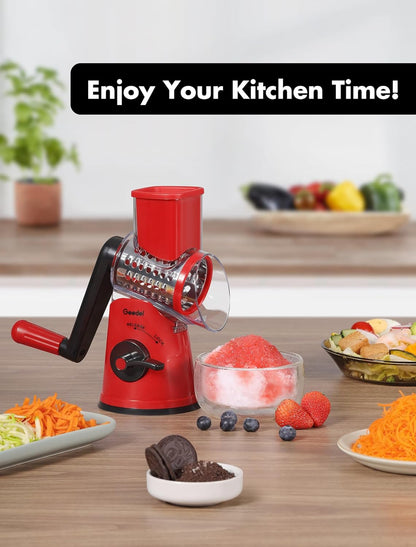 Geedel Rotary Cheese Grater, Kitchen Mandoline Vegetable Slicer with 3 Interchangeable Blades, Easy to Clean Rotary Grater Slicer for Fruit, Vegetables, Nuts | 3 Blades, 430 Stainless Steel, 12x Fast Cutting, Strong Suction Base, No BPA, Dishwasher Safe,