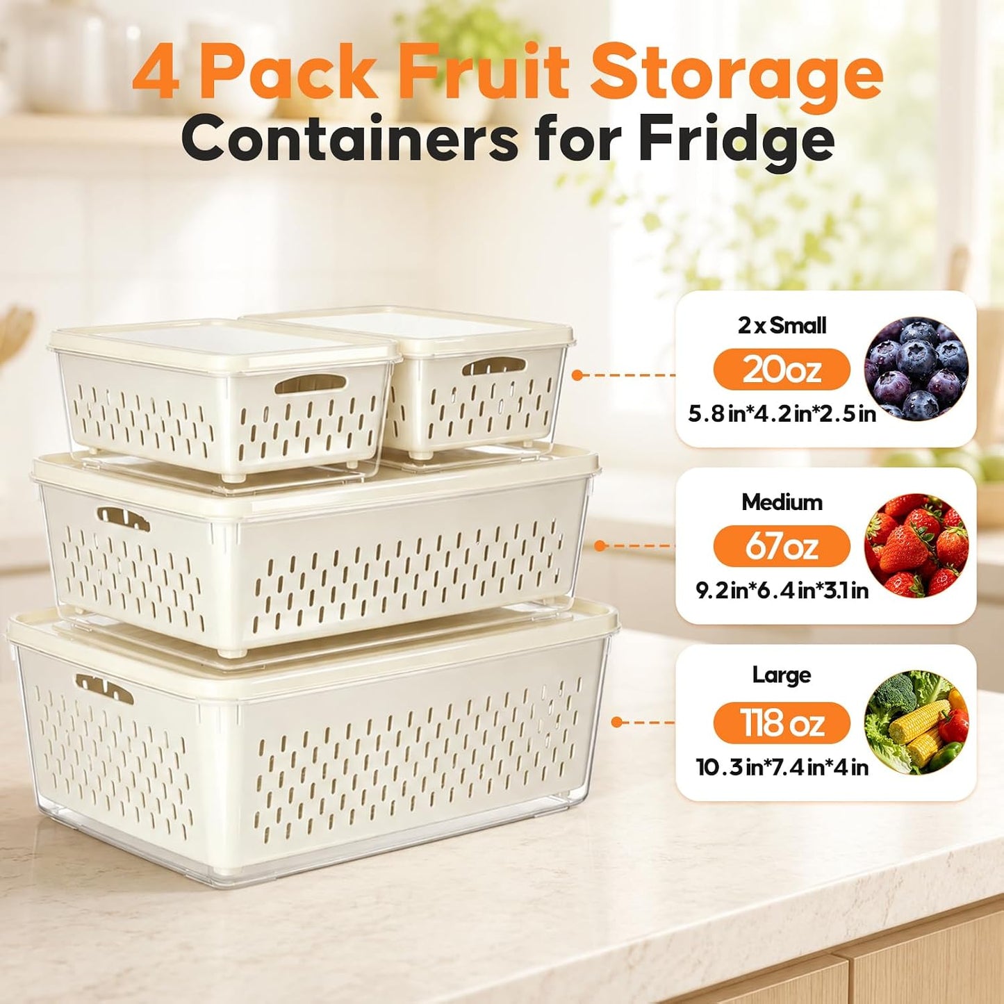 Fruit Storage Containers for Fridge, 4 Pack Plastic Food Storage Container | Fruit Containers Set with Removable Colander, Produce Saver Keep Berry Fruits Vegetables Meet Fresh Longer, Dishwasher Safe