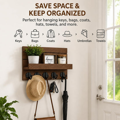 Key Holder for Wall, Decorative Key and Mail Holder, Key Holder Wall Mount with Shelf and Large Hooks, Easy Installation Key Rack for Entryway and Home Decor