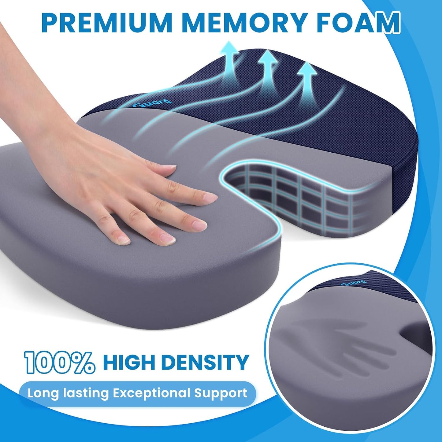 TushGuard Seat Cushion for Office Chair, Memory Foam Chair Cushion, Black | Office Chair Cushion for Car, Airplane - Chair Pad, Butt Pillow for Long Sitting Sciatica, Hip, Coccyx,Tailbone Pain Relief