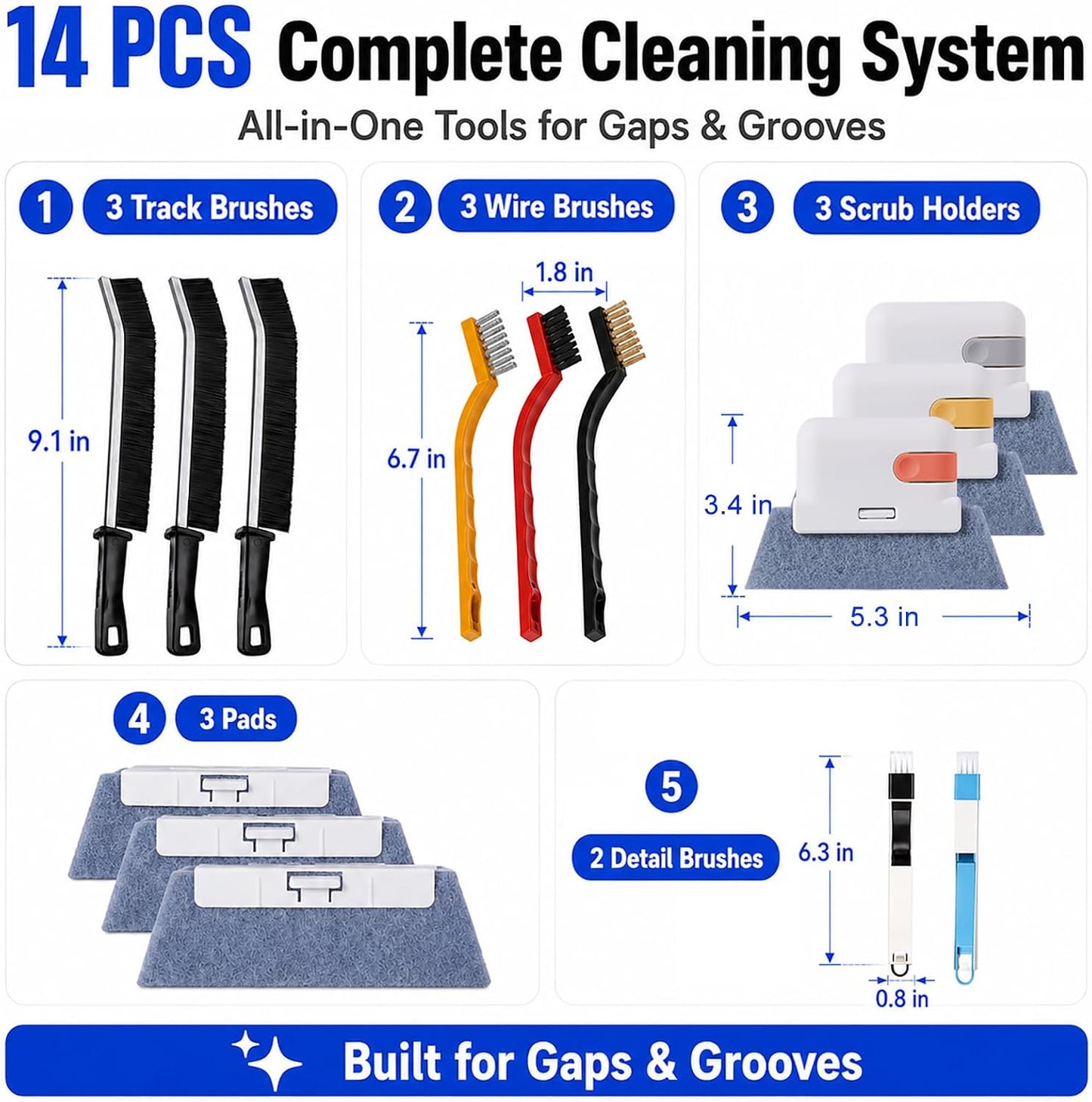 Window Track Cleaner, 14 PCS Crevice Cleaning Brush Kit | For Window Groove, Blinds, Vents, Baseboard, Grout and Shower Door Track Cleaning