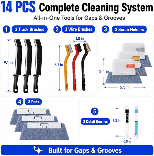 Window Track Cleaner, 14 PCS Crevice Cleaning Brush Kit | For Window Groove, Blinds, Vents, Baseboard, Grout and Shower Door Track Cleaning