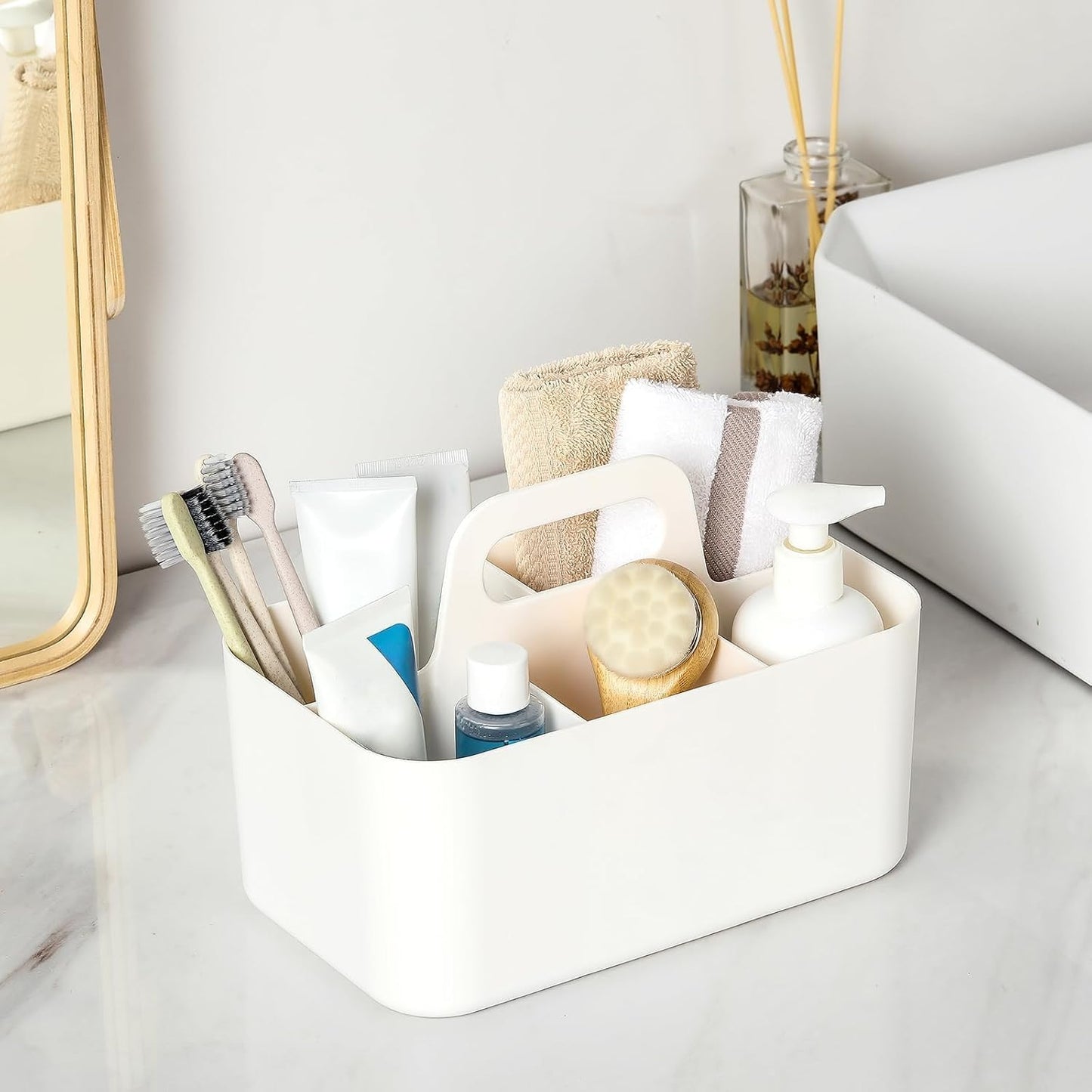 Multiuse Caddy Organizer with Handle, Portable Divided Plastic Tote Bin - Art Craft, Stationary Pen Marker Crayons, Makeup Hair Supplies Storage - Bathroom, Classroom, Dorm, Office, Desk Holder - Grey