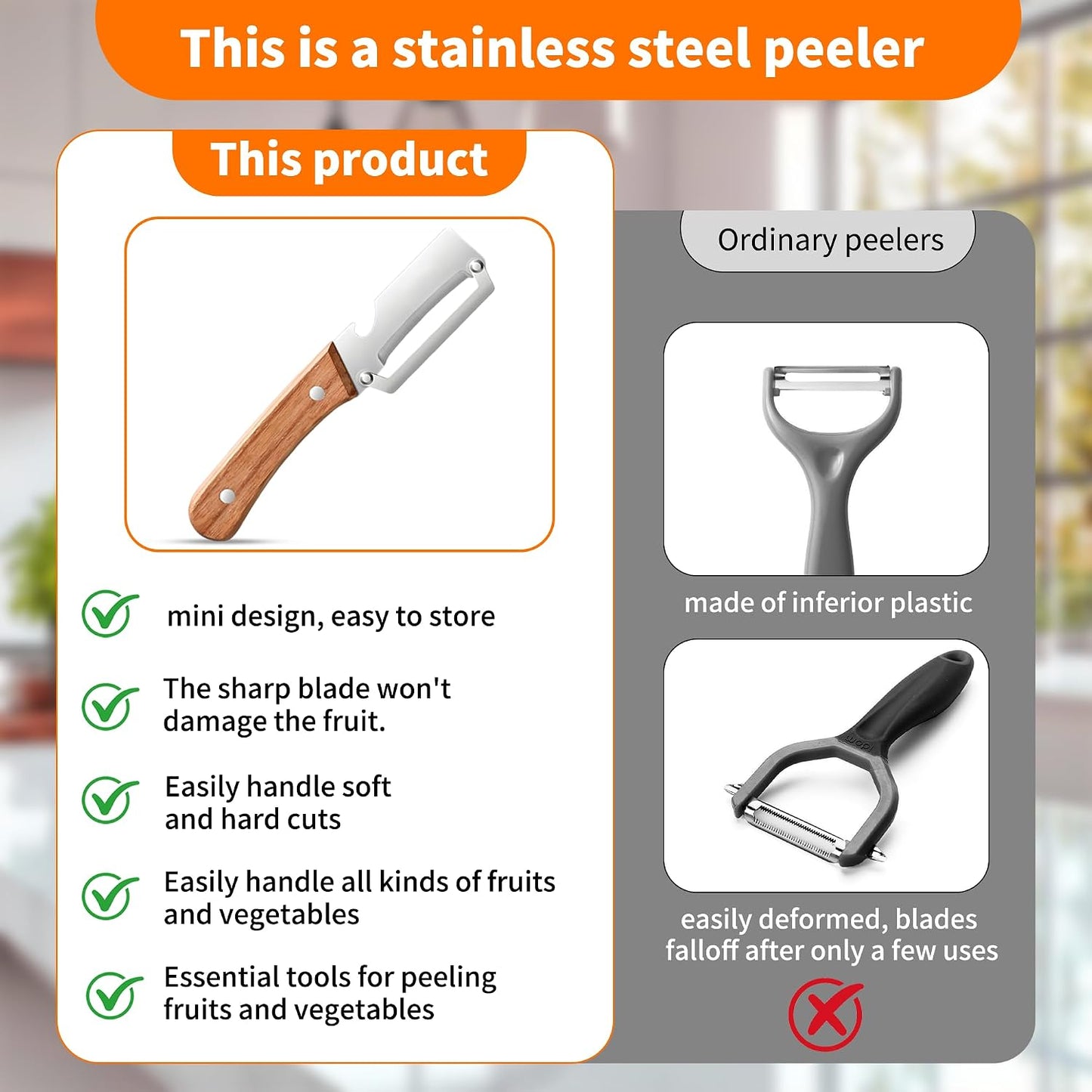 Vegetable Peeler for Kitchen, Stainless Steel Blade with Wooden Handle | 2-in-1 MultiFunctional Fruit Vegetable Peeler, Sharp Wide Blade, Anti-Slip, Bottle Opener, for Potato Apple Pumpkin Prep