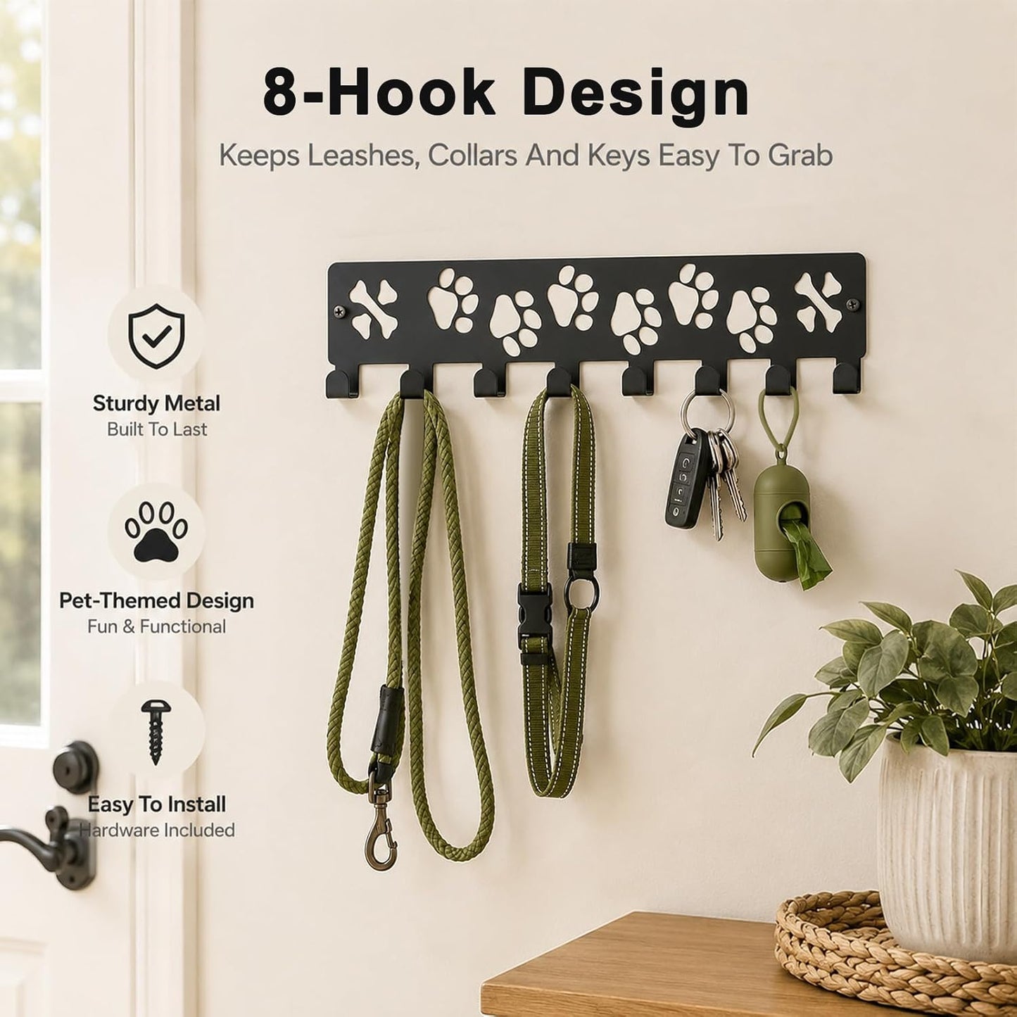 Key Holder Wall Mount & Dog Leash Holder, 8 Hooks 11.81'' × 2.76'' Dog Paws with Dones Design Wall Organizer, Metal Key Rack with Screw Anchors for Entryway, Farmhouse, Kitchen